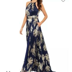 Aqua Elegant Navy and Gold Floral Maxi Dress